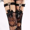 Sexy Thin Long Tube Jacquard Fishnet Nylon Socks with Bow Lace Sheer High Thigh Stockings