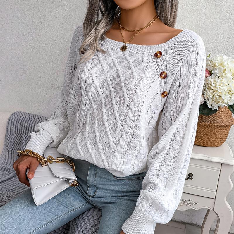 Lässiger Damen-Pullover mit quadratischem Kragen und Spike-Knopf-Twist-Strickpullover