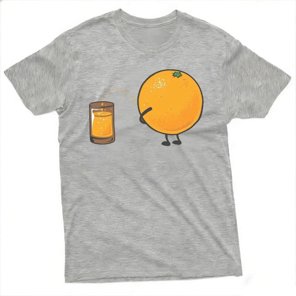 Funny Orange Fruit Peeing Into Orange Juice Glass Cartoon Art T Shirt Unisex Novelty Humor Summer Casual Tops