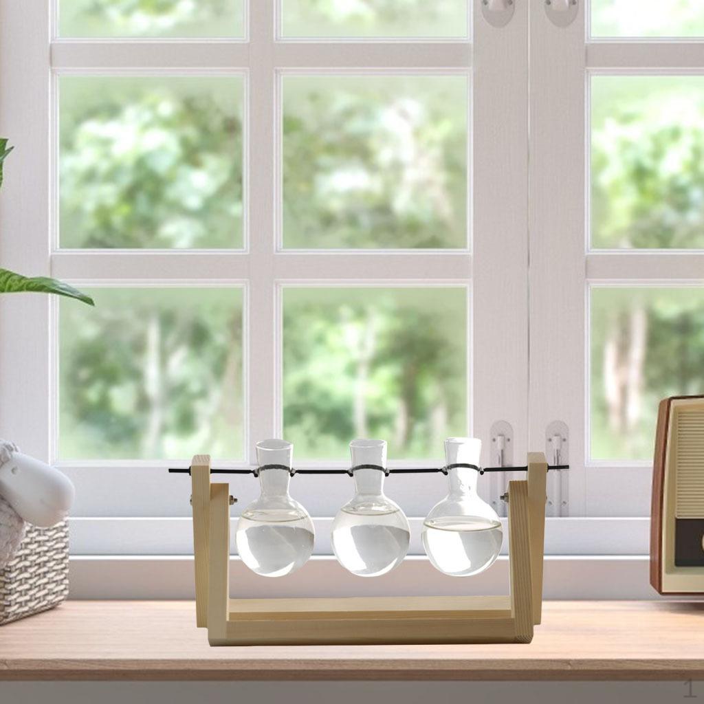 Terrarium Transparent with Wooden Stand Glass Vase Holder Creative Flower Pot for Coffee Shop Room 14x28cm