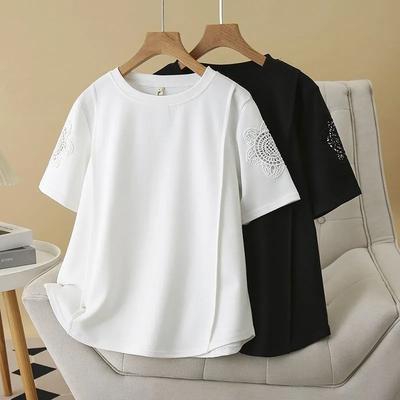 T-shirt Women Cotton Summer Casual Large Size Loose Round Neck Lacework Pullover Short-sleeved Tops