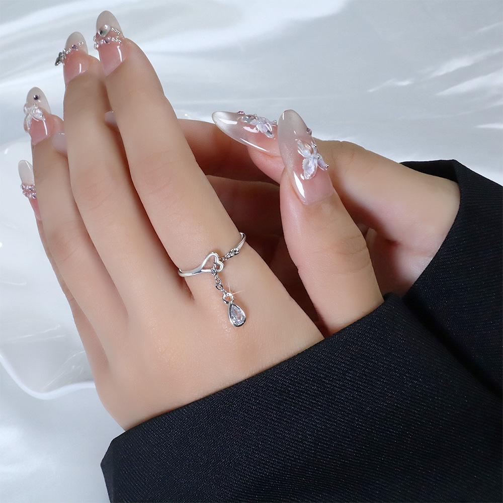 Korean Style Rhinestone Raindrop Open Ring for Women