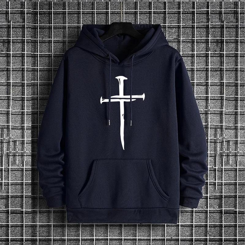 Cross Print Mens Casual Hoodies 2025 Urban Streetwear Fashion Hip Hop Hooded Sweatshirt Male Trendy Street Style Hoody