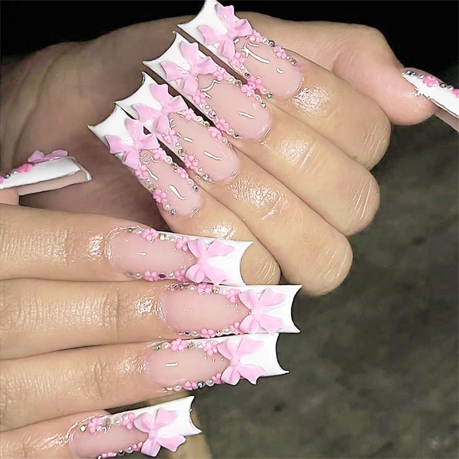 24PCS Sweet Pink Long Fake Nails with White Tip Chip-Proof Smudge-Proof Fake Nails for Women and Girl Nail Salon A розовый