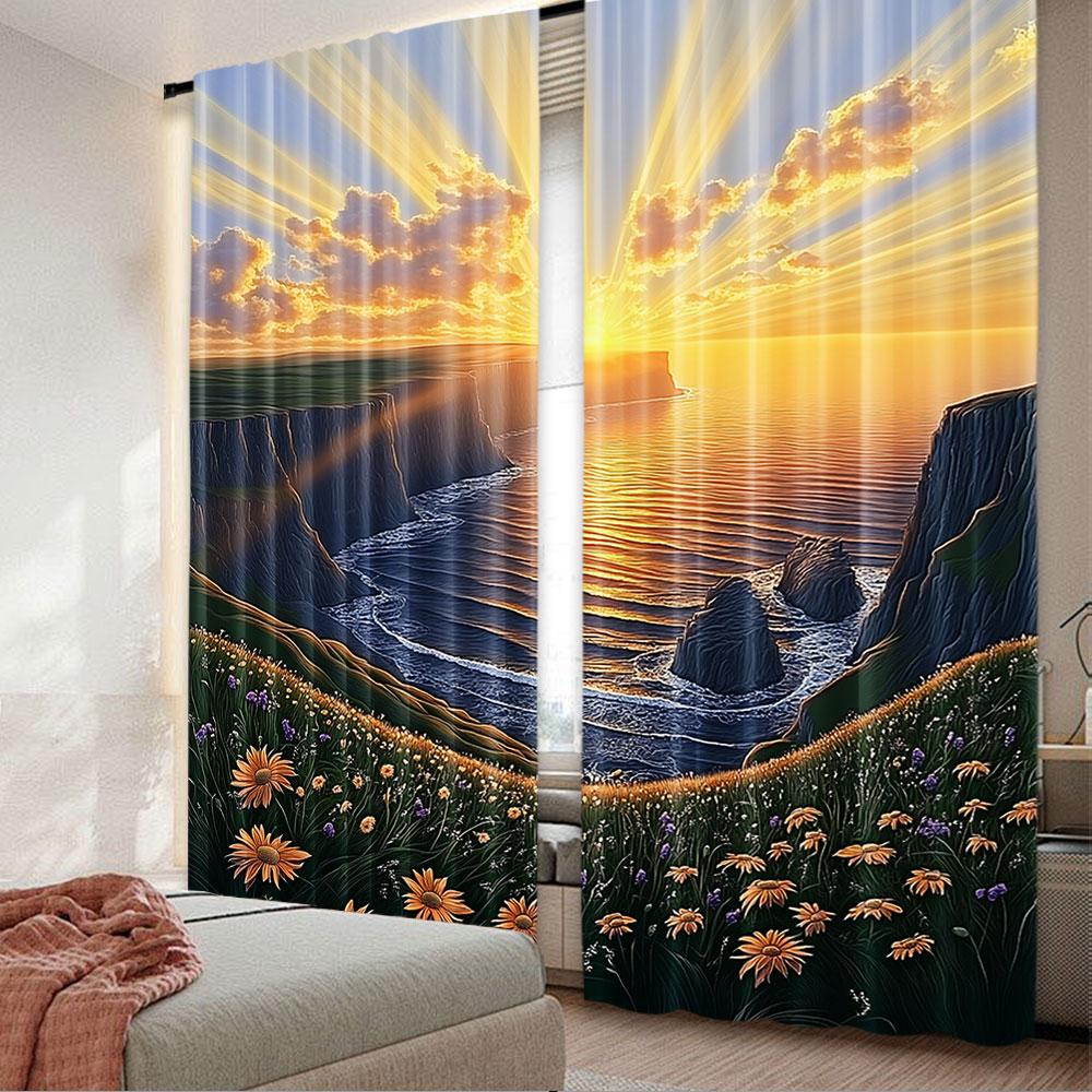 

2Pcs Ireland Sunset Seascape Curtain Beautiful Flowers Along The Coastline Sunset At The Beach For Bedroom Living Room And 29x65in(75x166cm)