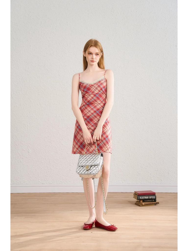 Women's Summer Plaid Mesh A-line Dress with Lace Trim and Spaghetti Straps