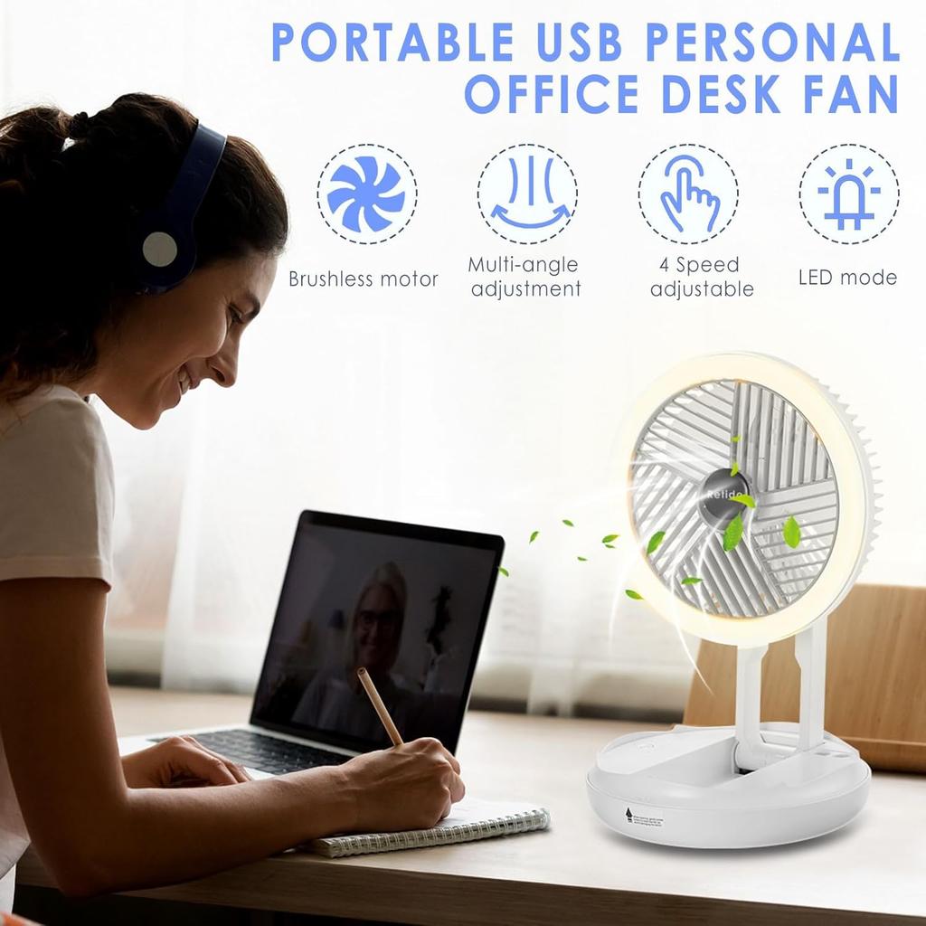 Rechargeable Portable Fan 7 inch USB Small Desk Fan Foldable with LED Light 4 Wind Speeds and Hook Quiet Personal Traveling Fan for Bedroom Office RV
