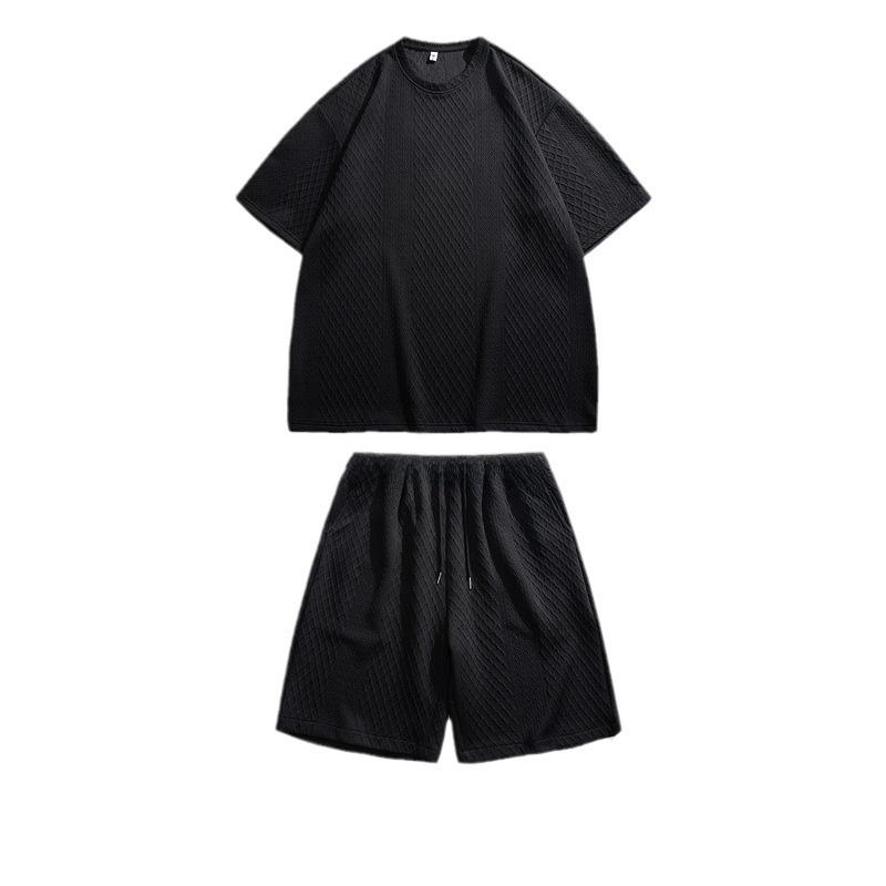 Stylowy męski komplet dwuczęściowy w kratę żakardową na lato 2024: Koszula z krótkim rękawem i spodenki