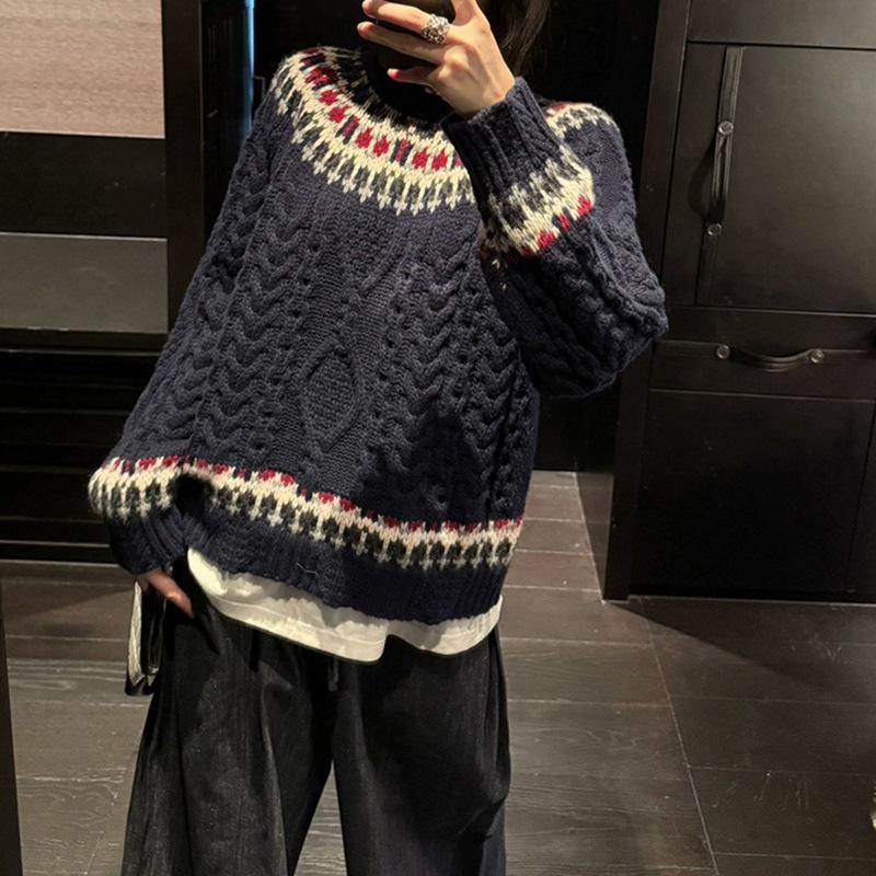 New Wool Thickened Fair Island Jacquard Knitted Sweater Round Neck Versatile Wool Sweater Pullover Long Sleeve
