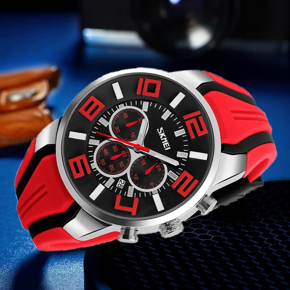 SKMEI Men's Silicone Casual Sports Watch Big Face Waterproof Chronograph Analog Luminous Date High-End Gift Red