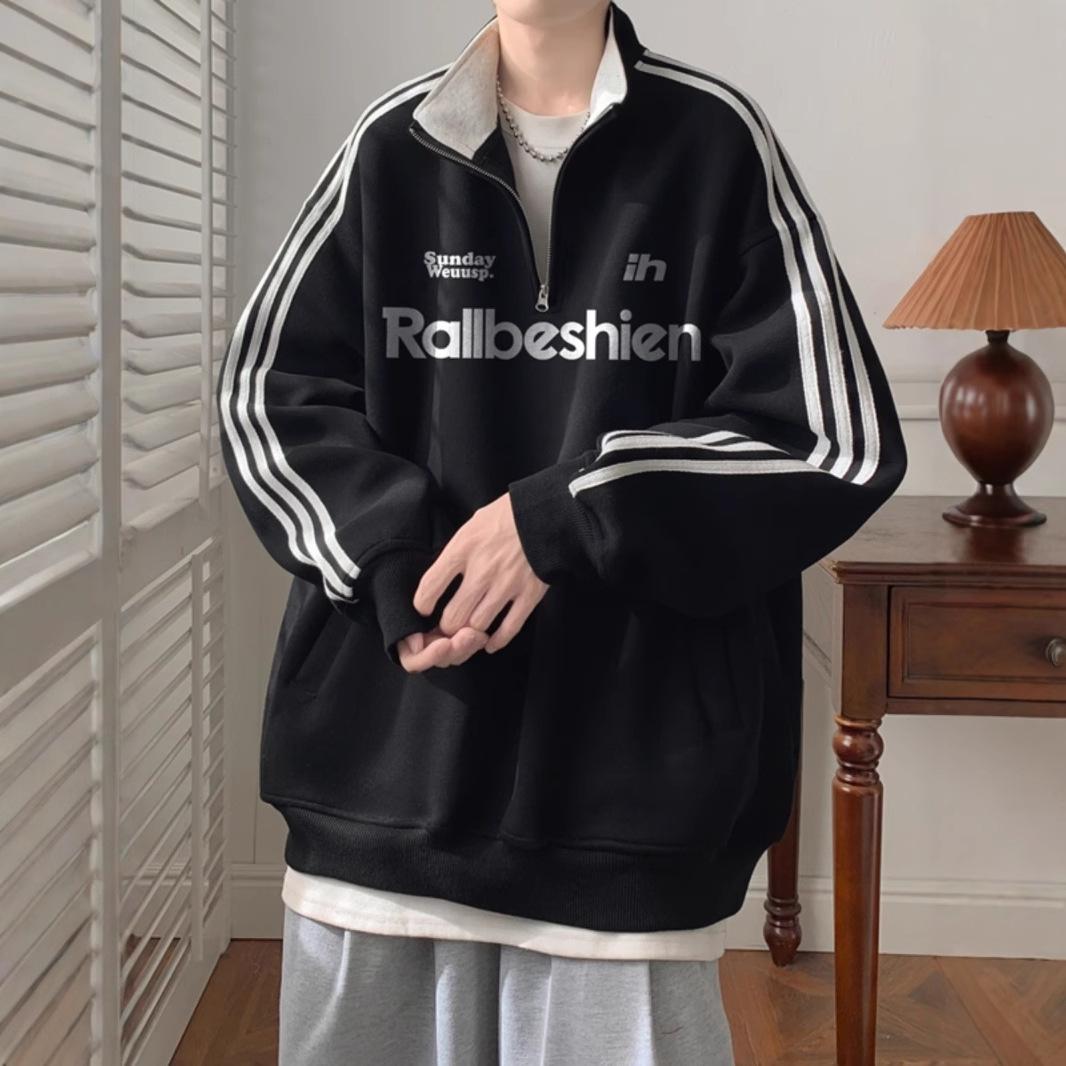 

Half Zipper Sweater Men s Autumn and Winter Plus Velvet Padded Polo Collar Clothes Casual Coat. XXXL