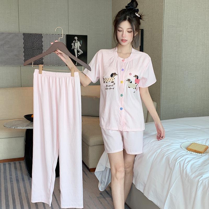 

Women s Summer Three-Piece Pajama Set: Short Sleeve Top, Shorts, and Cartoon Cardigan in Cloud Cotton. Size XL-2XL