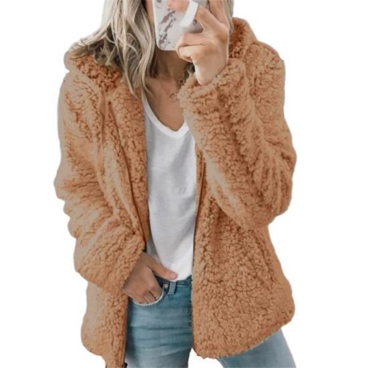 Warme Damen Sherpa Jacke mit Kapuze Fleece Mantel Freizeit Einfarbig Plüsch Reißverschluss Winddicht Herbst Winter Strickjacke