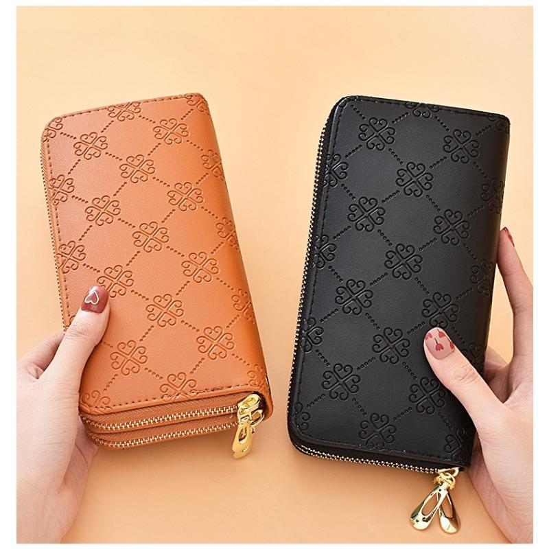 Wallet for women, long, European and American, shiny leather, double zipper handbag, large capacity, double-layer phone bag, frosted wrist wallet
