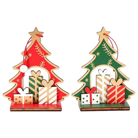 Wooden Christmas Tabletop Decorations Tree Decoration, Winter Xmas Gift Box Tiered Decorative Figurines for Home Tray Centerpiece, Rustic Table