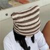 Gestreifte Strickmütze, gehäkelt, süße Katzenohren, Beanie-Mütze für Damen und Mädchen, modisch