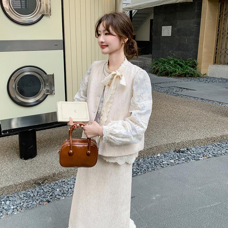 

Синий жилетный костюм юбка женский весенний новый красивый популярный темпераментный дизайн трехпредметный комплект XL