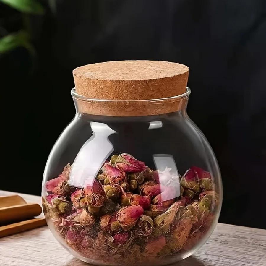 

500ml round glass storage jar with sustainable cork lid, airtight container for coffee tea spices, kitchen pantry organization