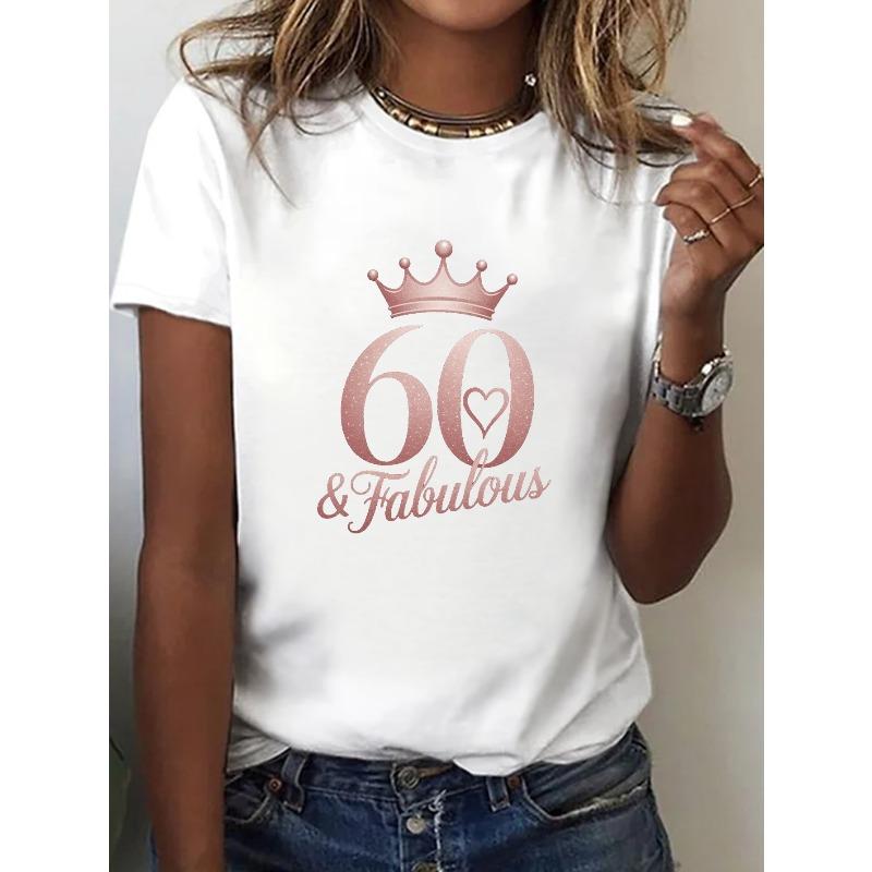 

Европейские размеры Женская футболка 60 & Fabulous Rose Golden - С коротким рукавом, с круглым вырезом, Повседневный топ с принтом числа 60, Наряд, Весенний летний повседневный наряд S белый