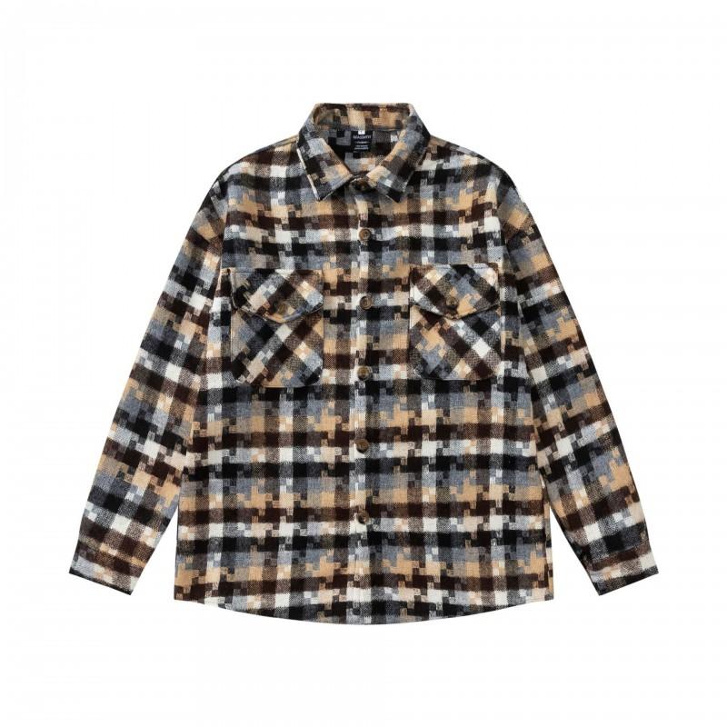 American Vintage Mosaic Design Brushed Long Sleeve Shirt Loose Fit Couples