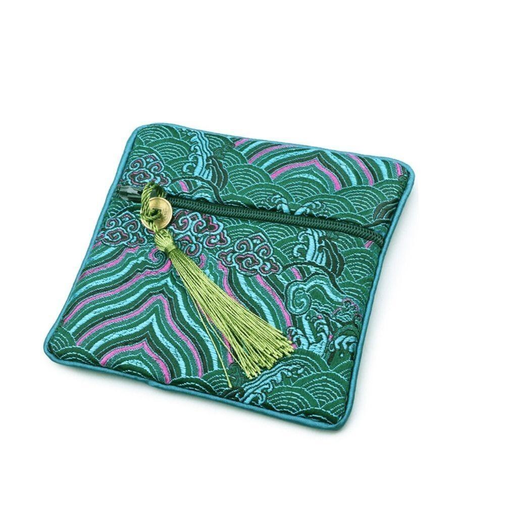Women Exquisite Silk Jewelry Organizer New Chinese Style Embroidery Jewelry Storage Bag Wave Flower Zipper Bag