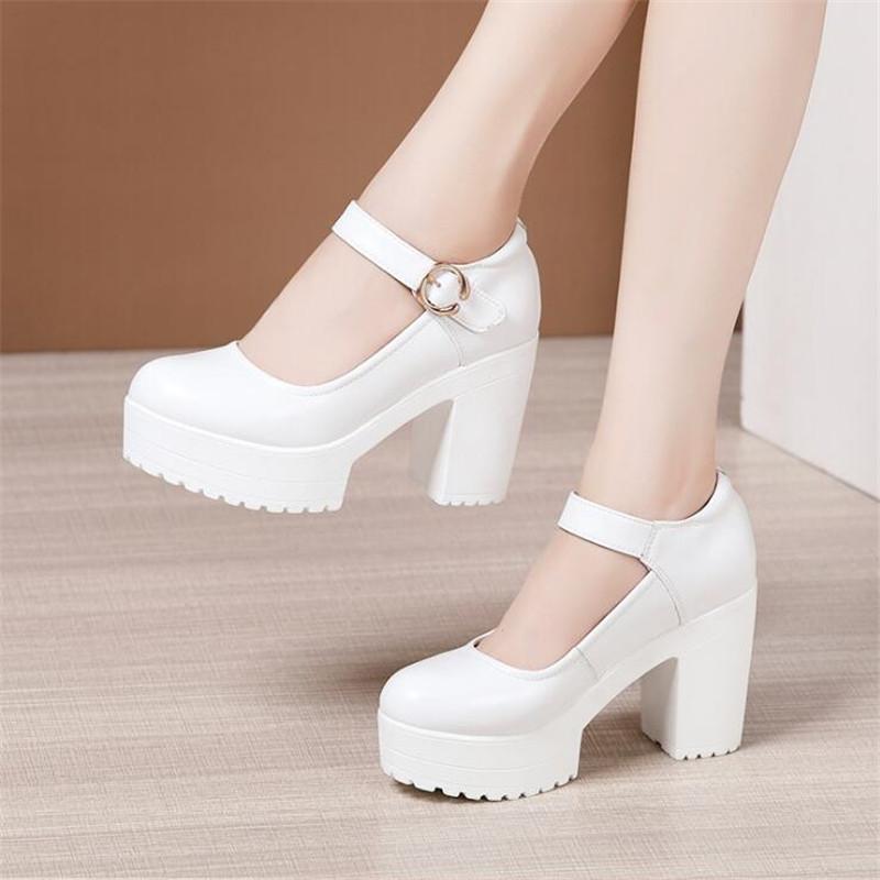 Women's High Heel Shoes Genuine Leather Pumps Platform Mary Jane Shoes Women Office Work Shoe Women's Wedding Shoes 32-43