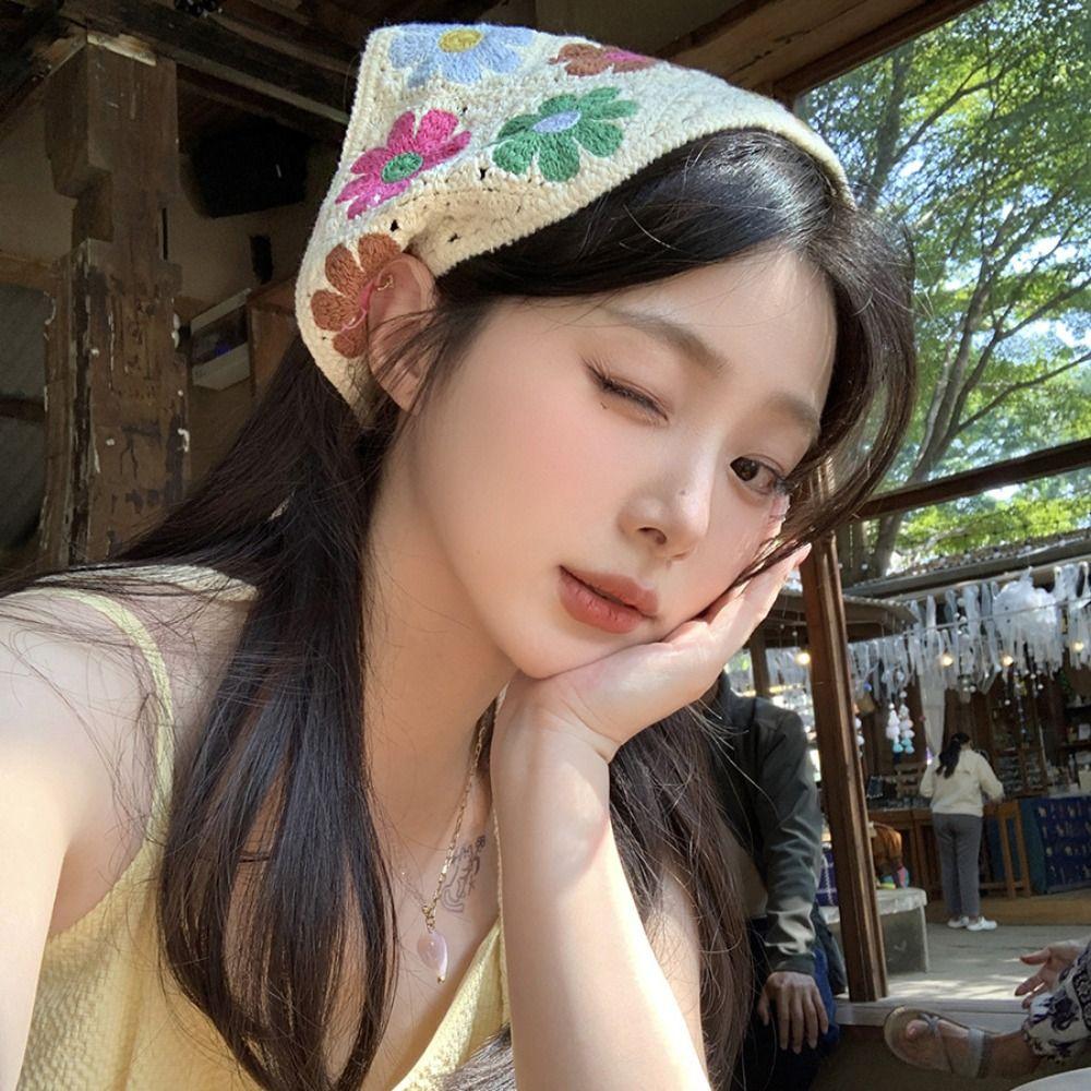 Floral Triangle Turban Flower Women Hair Scarf Sweet Crochet Bandana  Travel