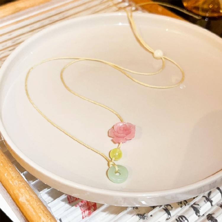Jadperlen Blume Anhänger Schlüsselbein Kette Damen Sommer Verstellbare Kordel Halskette