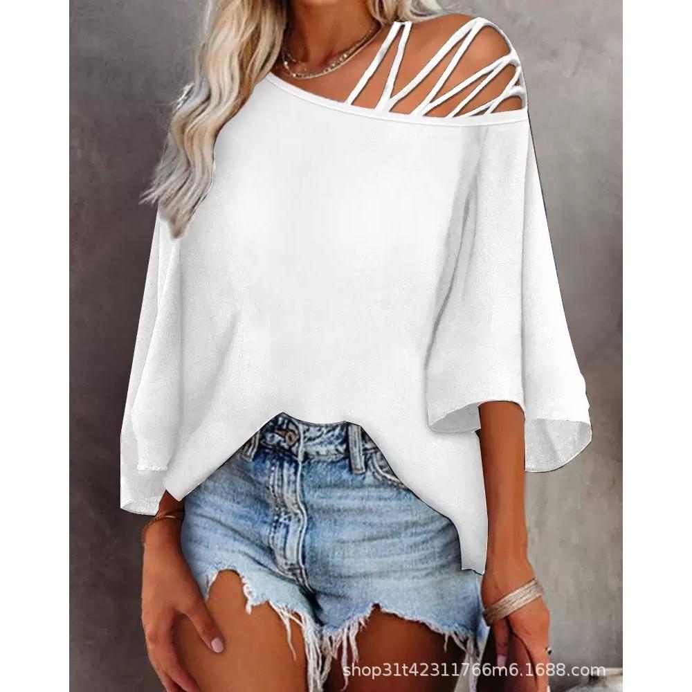 GMXIA Frühling Sommer Mode Patchwork Locker Schräghals Lässiges Oberteil Bedrucktes T-Shirt