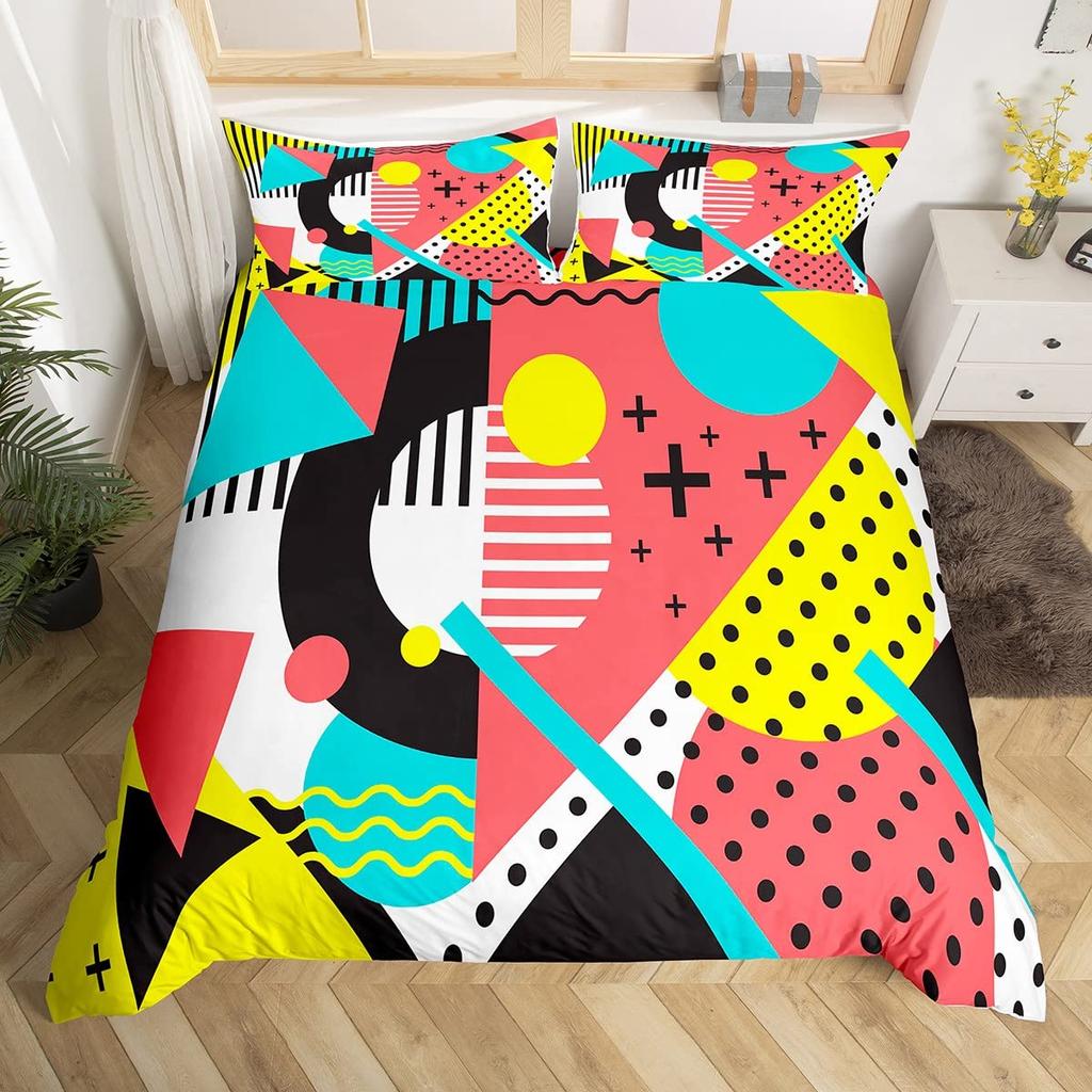 Blau Pink Memphis Bettwäscheset Bunte Abstrakte Bettbezug Hippie Hip Hop Deckenbezug Geometrisch Vintage Mode Steppdeckenbezug
