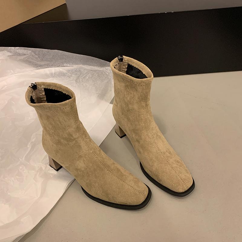 Women's Fleece-lined Small Leg Boots High Heel Korean Style Winter Shoes  New Autumn Short Boots Rubber Material