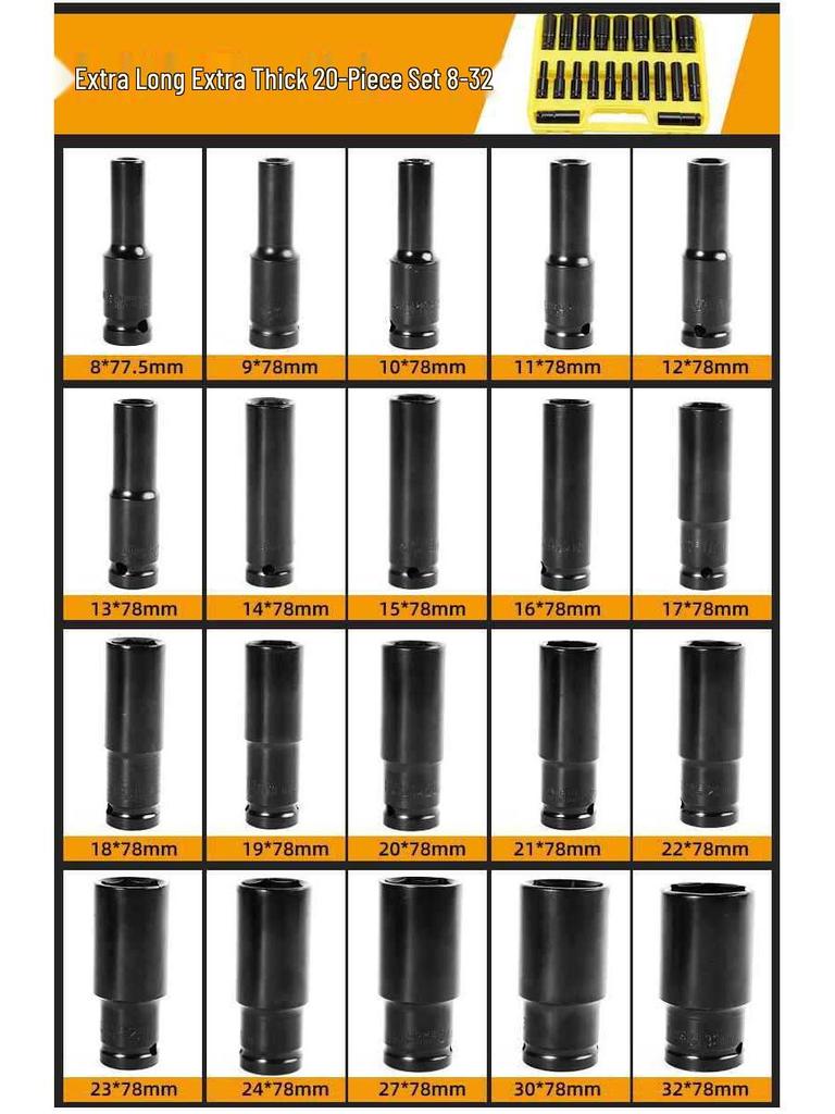 Extended Electric Socket Wrench Set with Large, Medium & Small Hexagonal Air Gun Heads for Auto Repair