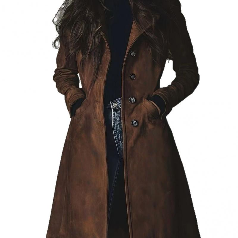 2026 High-Quality Women's Fall/Winter Coat with Turn-Down Collar and Suede Fabric, Long Trench Coat