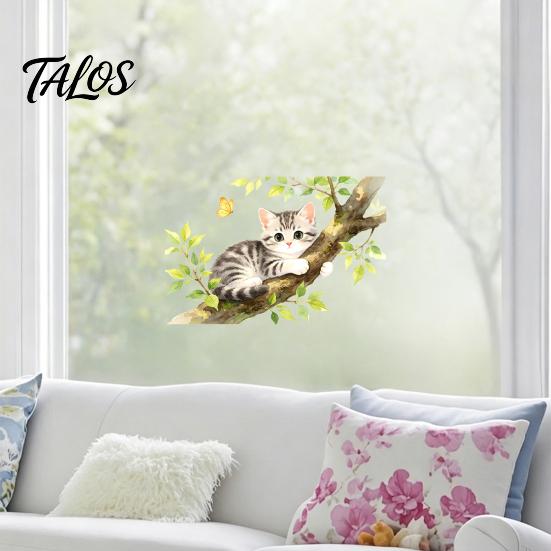 Electrostatic Window Decal Cartoon Cat on The Tree Branch Cling, Cute Watercolor Clear Hair Texture Sticker Butterflies Plants for Kids Room Bathroom