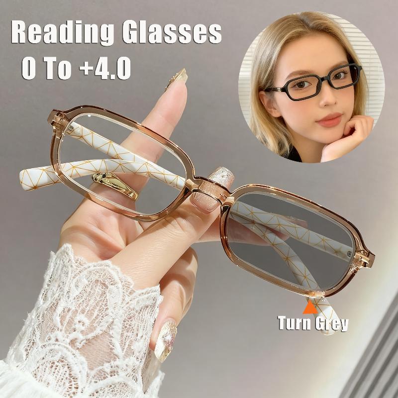 Square-Frame Photochromic Reading Glasses Stylish Women's Fashionable Premium Presbyopia Glasses with Plus Diopters 0 To +4.0