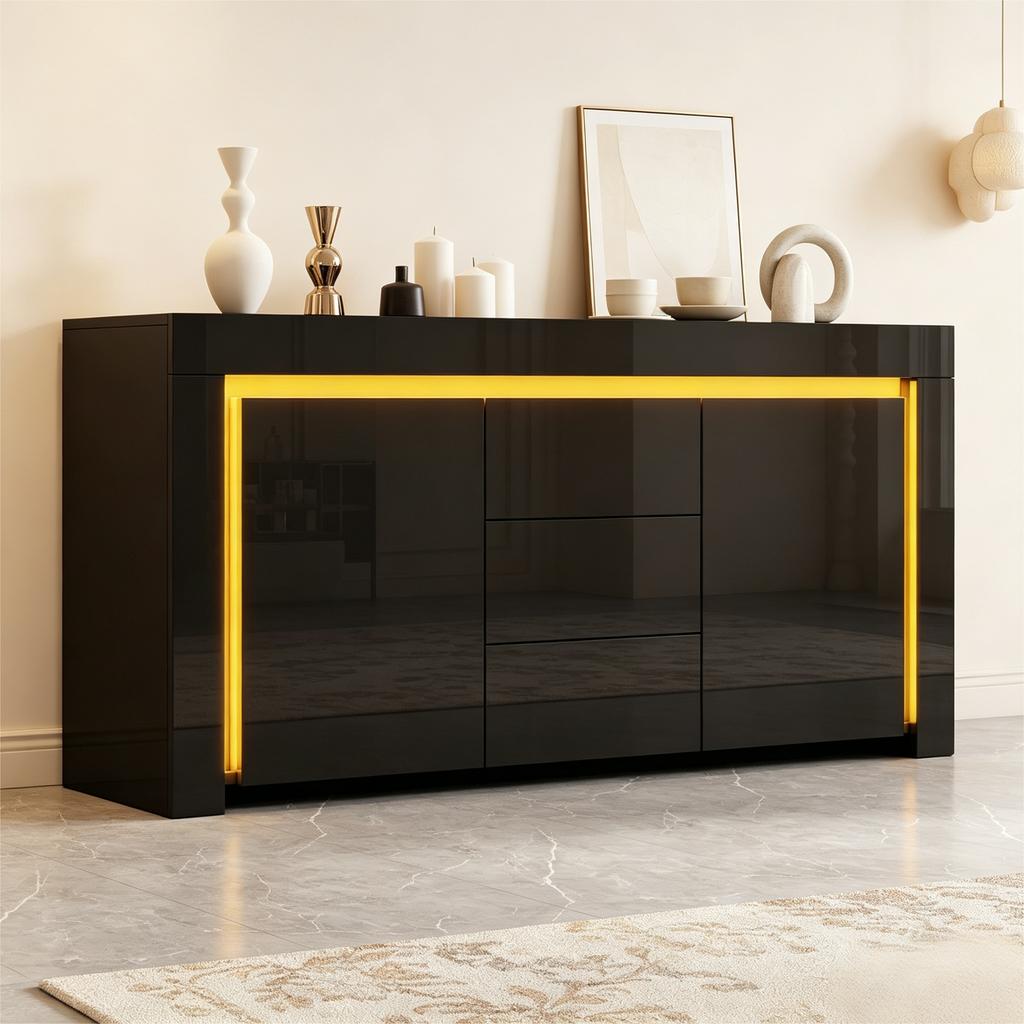 Mobile da soggiorno 140*40*65cm, Cassettiera con 3 cassetti, 2 ante, Mobiletto laterale laccato lucido con striscia luminosa a LED, Credenza con spazio contenitore, Nero