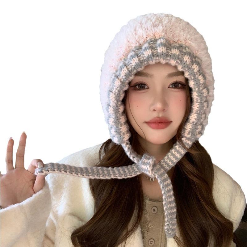 Autumn and winter hat female sweet cute girl plush knitted hat winter protection ear knitted wool hat