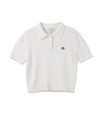 WACKY WILLY Women'S Lily Wappen Cable Collar Short Sleeve Knit White