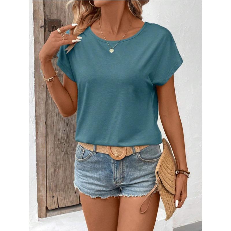 Summer Back Lace Splicing Short Sleeved T-shirt O Neck Loose Office Blouse Women Sweet Hollow Out Solid Color Tops Female Elegant Simple Shirts