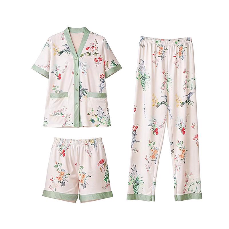 Women's Plus Size Summer Pajama Set - 3 Piece: Short Sleeve Top, Long Pants, Light Ice Silk, Outdoor Wearable, High-End Feel.