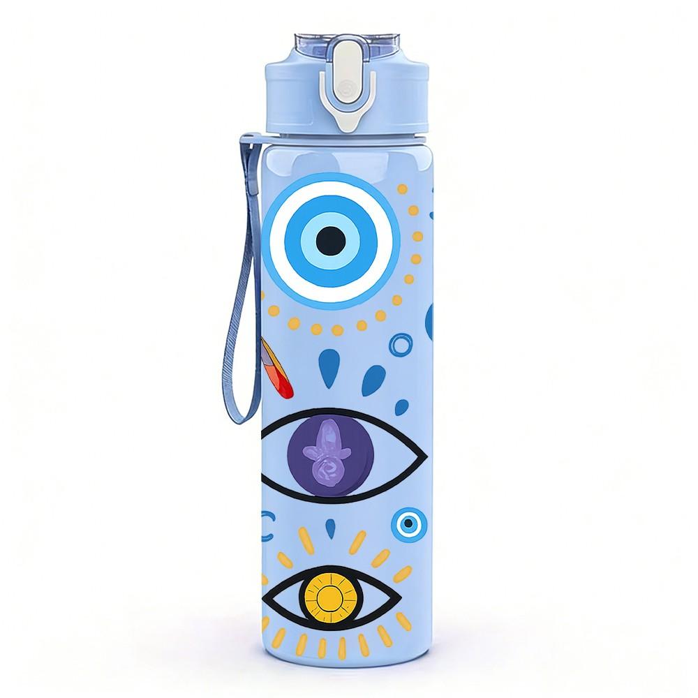 1PC Evil Eye Pattern Art 750ml Color Plastic Sports Water Bottle Leakproof Flip Straw Lid Suitable for Sports Office Home Use