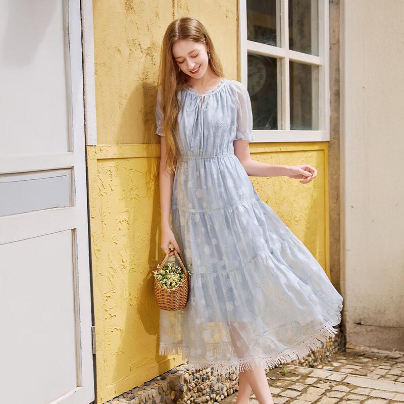 Xiangying Women's Embroidered Puff Sleeve Midi Dress