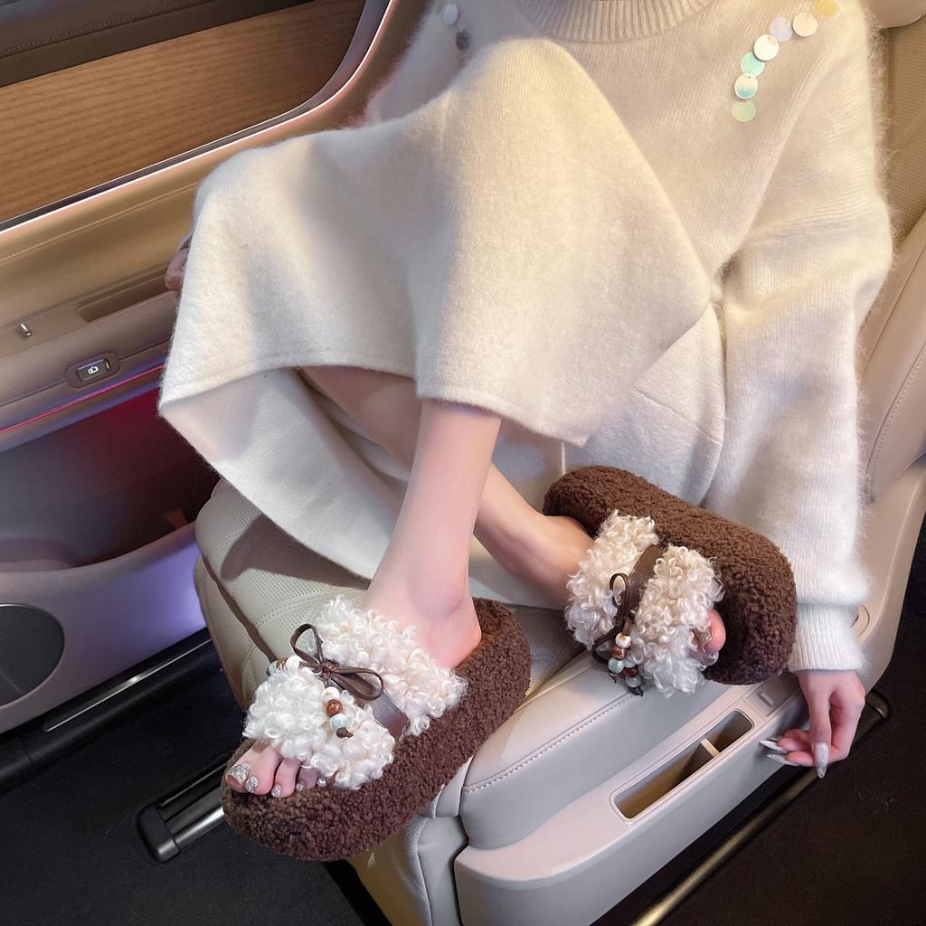 2025 Cotton Slippers Fluffy Slippers Women's Outer Wear Thick Bottom New Heightening Fluffy Retro Autumn and Winter Super Fire Black