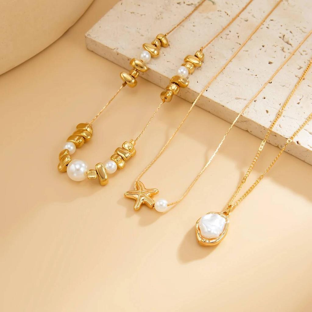 Salircon 3Pcs/Set Exquisite Irregular Imitation Pearl Starfish Pendant Necklace Women Trendy Clavicle Chain Summer Beach Jewelry