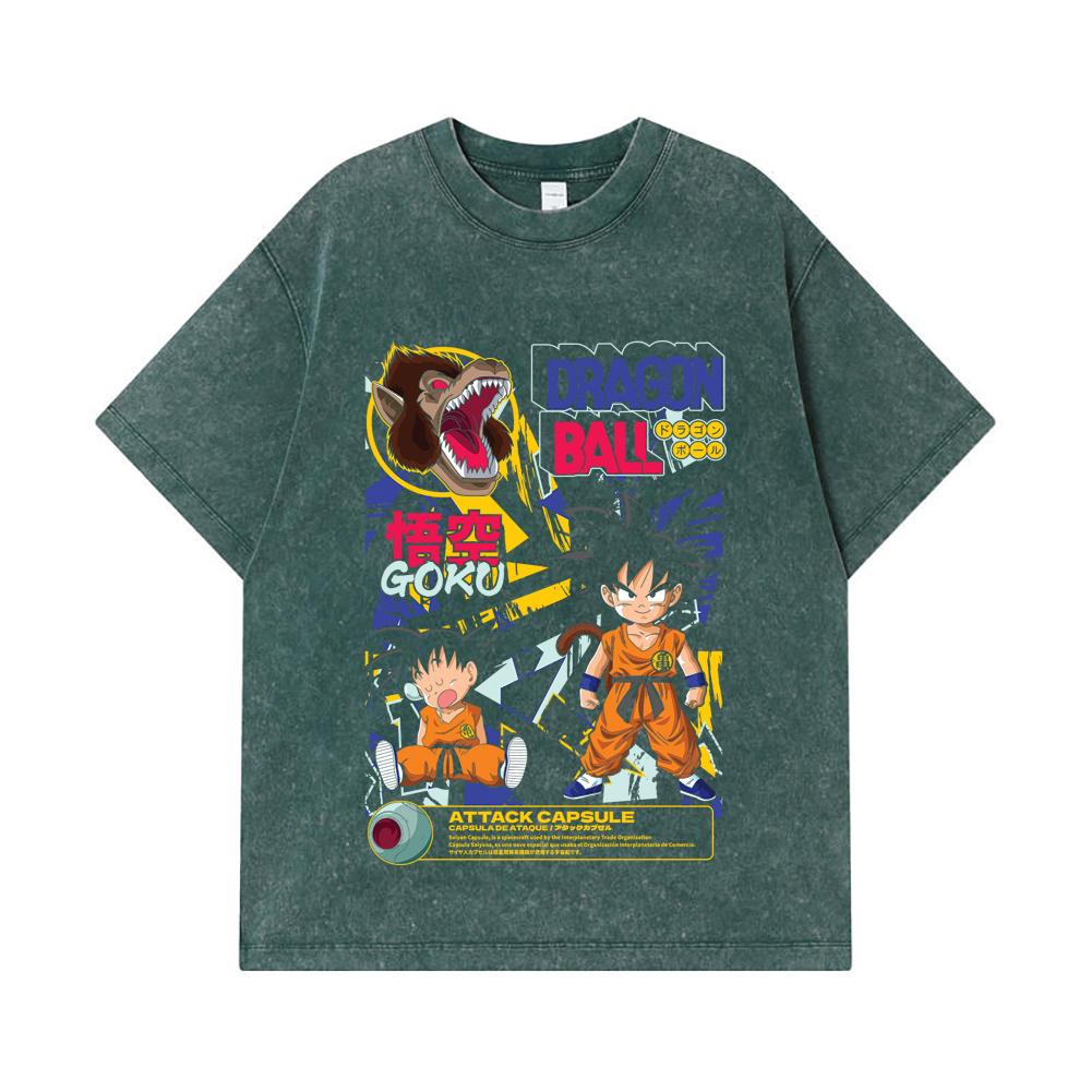 275 GSM Washed T-shirts 100% Cotton Dragon Ball V40 Goku Capsule Print Unisex Heavy Cotton T Shirt
