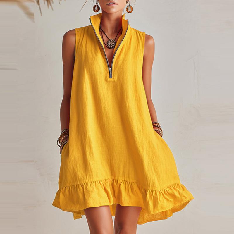 Summer European and American new fashionable simple sleeveless solid color casual stand-up collar pleated dress