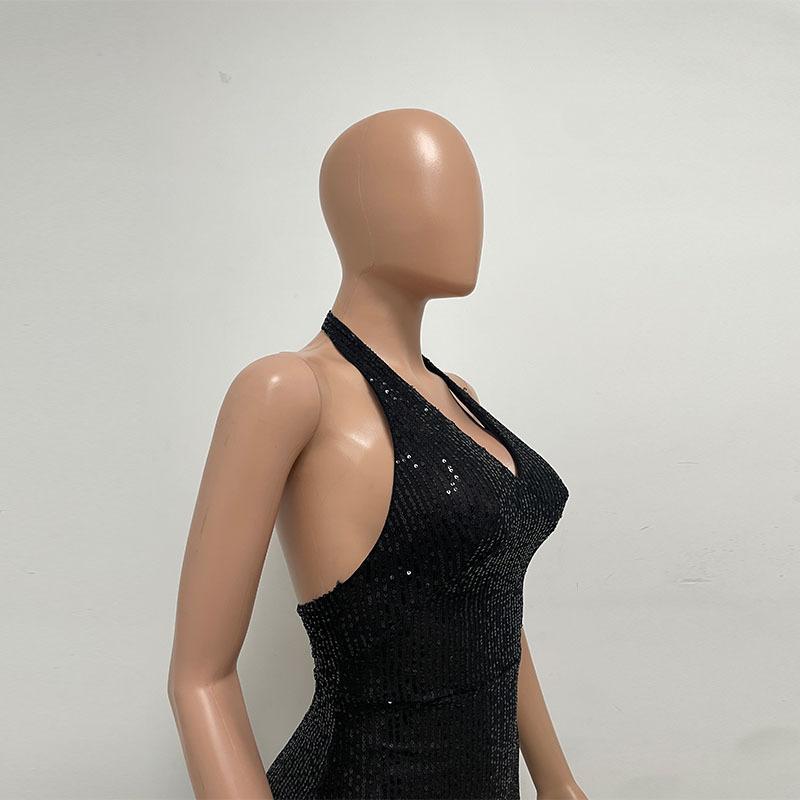 Women's Halter Neck Deep V Halter Dress Design Sense Spice Girl Oblique Slit Fringe Dress
