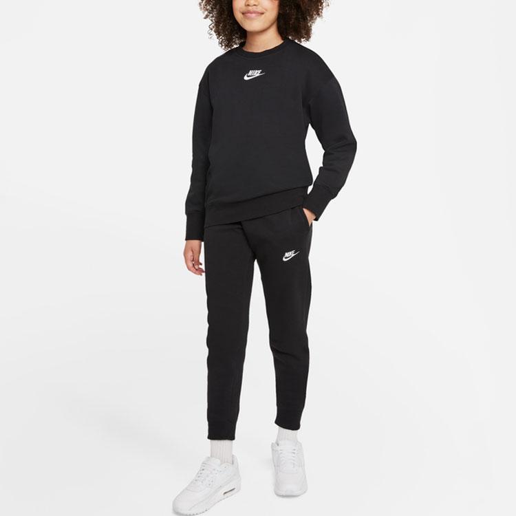 Nike Logo Embroidered Solid Color Fleece Round Neck Sports Sweatshirt Kids Sweatshirt Black DD7473-010
