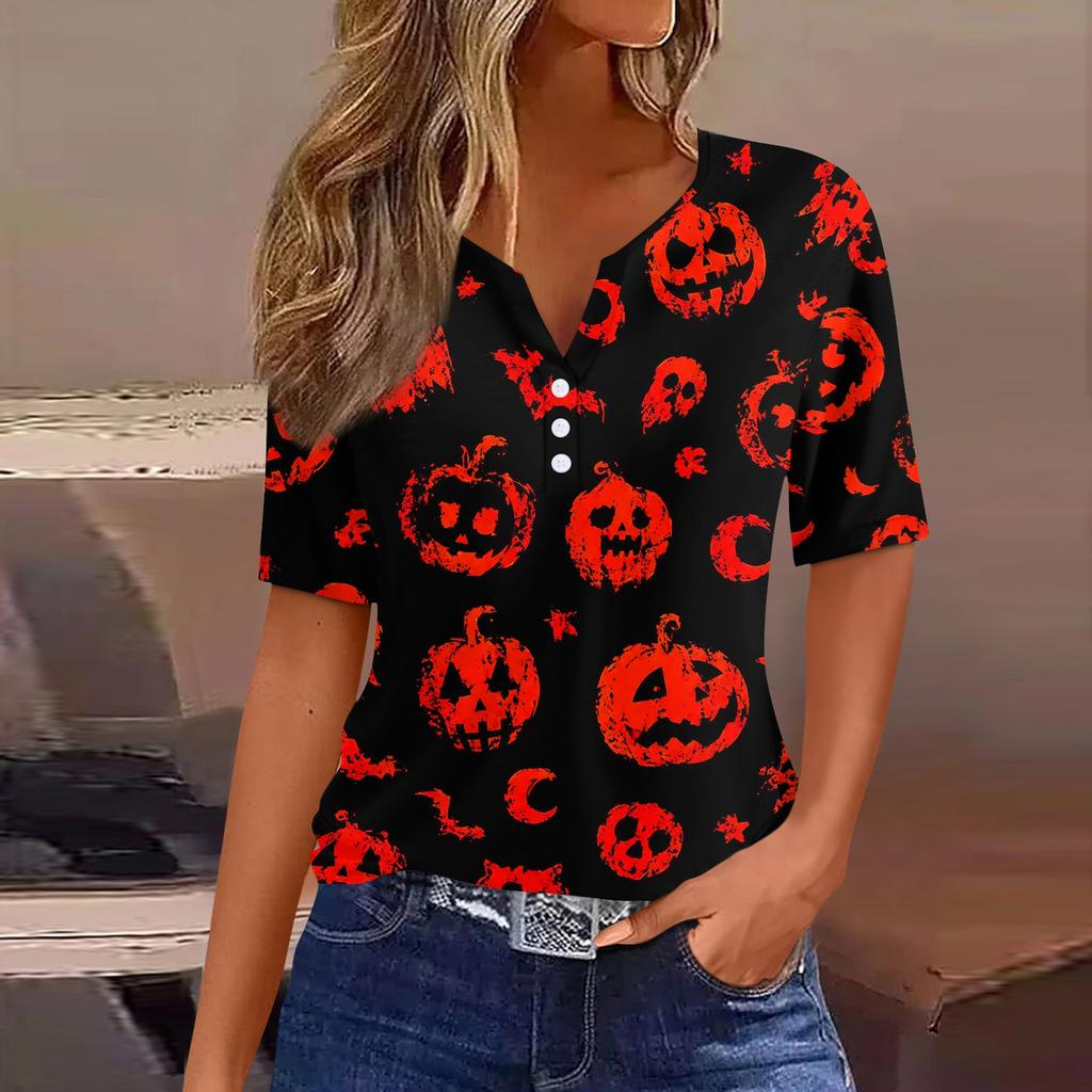 Women Casual Halloween Print V Neck Short Sleeve Button T Shirt Top Lightweight Breathable Soft Fabric Relaxed Fit