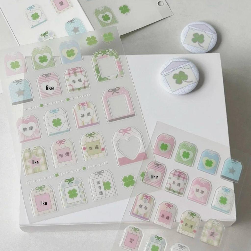 Fresh Four-Leaf Clover Plaid Jelly Stickers - Lucky Bag DIY Girly Heart Theme for Summer
